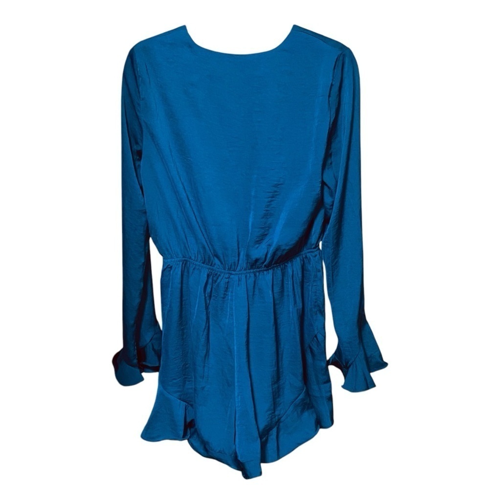 The Vintage Shop Blue Silky Tie Front Bell Sleeve Romper Medium - Picture 3 of 7